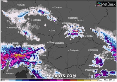 Snow depth on the Alps this week. Map courtesy of wxcharts.com.