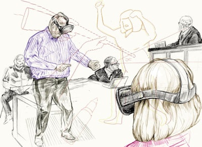 Virtually reconstructed crime scenes based on real 3D virtual autopsy data put defendants, lawyers, and judges at the scene of a crime with 3D glasses. Illustration courtesy of Christoph Fischer.
