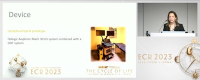 Dr. Elena Venturini from San Raffaele Hospital in Milan discussed initial findings from the SOLUS project (Smart OpticaL and UltraSound diagnostics of breast cancer), showing that the system has promise for improved breast cancer diagnosis. The system incorporates optical methods, a smart optode performing diffuse optical tomography, and conventional ultrasound imaging, as well as advanced quantitative elastography. It uses the Aixplorer Mach 30 ultrasound system (Hologic) combined with a DOT system.