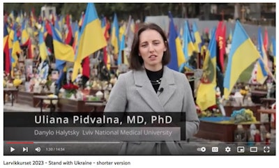 The video features Dr. Uliana Pidvalna, PhD, and several Ukrainian MSK radiologists.