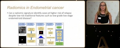 Typical workflow for radiomics where a patient's disease is identified on MRI with ensuing technical steps to identify survival time, as explained by Prof. Andrea Rockall at connAction.