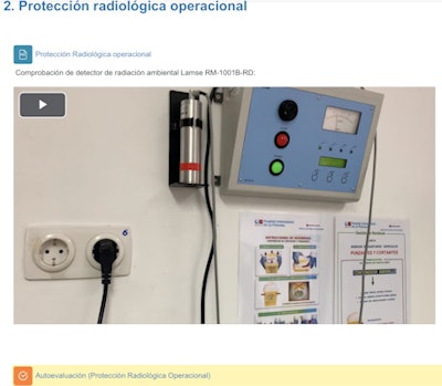 Screenshot of one of the lessons of the course. At the top of the image there is a link that opens the principal text of the topic. In the middle there is audiovisual content, and at the bottom is a self-evaluation question. Figures courtesy of Rodrigo Rosado del Castillo, Paula Garcia Castañon, et al and presented at EuroSafe 2023.