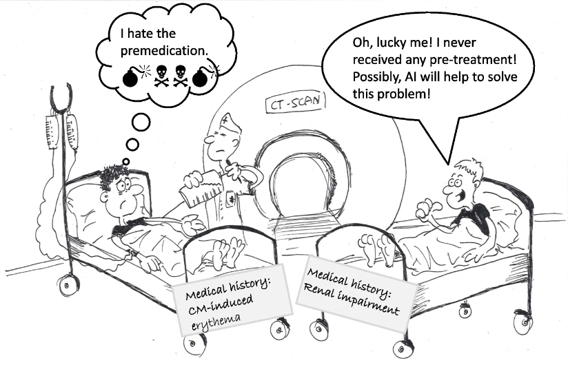 Patient with a history of a mild adverse reaction in the past receives a premedication (left). While the patient with a history of moderate or severe adverse reaction receives no prophylaxis (right). Figure courtesy of Drs. Paolo Lombardo, Knud Nairz, and Ingrid Boehm and Insights into Imaging.