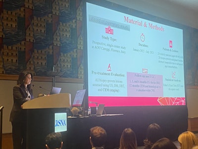 Federica di Naro, MD, from Azienda Ospedaliero-Universitaria Careggi in Italy discusses her team's results at RSNA, showing that contrast-enhanced mammography (CEM) confirms the effectiveness of cryoablation and can serve as a valuable follow-up exam tool.