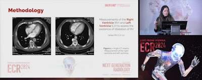 Ana Filipa Colucas, MD, PhD, presents findings at ECR 2024 on anatomical changes in COVID-19 patients as observed on pulmonary angio-CT.