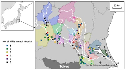 The location of major hospitals in each wastewater treatment area. The colored area indicates each wastewater treatment area, while the arrowhead indicates the locations of each wastewater treatment plant (WWTP) output. Each square symbol represents a general hospital with more than 300 beds. The color of the square symbols represents the number of magnetic resonance imaging units owned by each hospital. Figure courtesy of Dr. Soma Kumasaka et al and European Radiology Experimental.