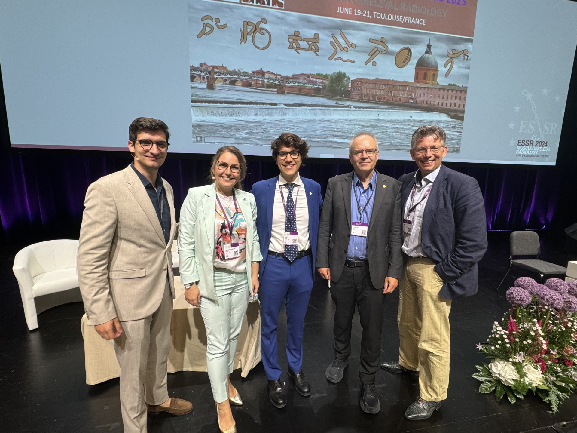 Members of the ESSR panel discussion. From the left: Dr. Vid Matišić, member of ESSR Young Club and radiology resident at St. Catherine Specialty Hospital in Zagreb; Dr. Barbora Horehleďová, chair of ESSR Young Club and radiology and nuclear medicine resident at Zuyderland Medical Center, Heerlen, the Netherlands; Dr. Marco Curti, congress youth director at ESSR 2024; Prof. Juerg Hodler, president of the International Skeletal Society and professor of radiology at Zurich University Hospital; and Prof. Mario Maas, past president of ESSR and professor of radiology at the University of Amsterdam and the Amsterdam University Medical Center. All photos courtesy of ESSR.