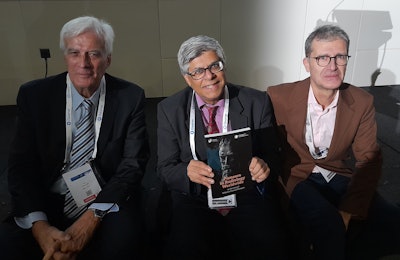 Three of the key participants in the JFR 2024 history session. From the left: Prof. Denis Krause, former head of radiology in Dijon and past president of the SFR; Dr. Arpan K. Banerjee; and Frederic Roz of the SFR.