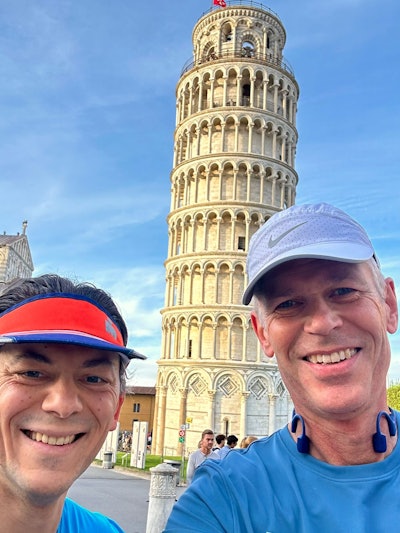 Prof. Erik Ranschaert (right) limbers up with Dr. Sergey Morozov ahead of Ranschaert's attempt to complete the Amsterdam marathon next weekend with his son William.