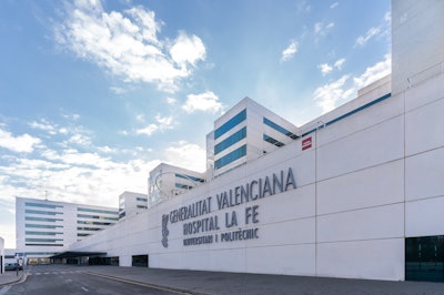 The main entrance building of the La Fe public university hospital in Valencia.