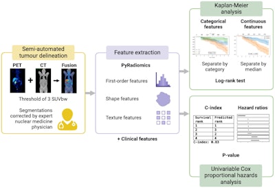Workflow for univariable analysis. First, the regions of uptake greater than three standardized uptake values normalized by body weight were automatically segmented and corrected by an experienced nuclear medicine physician. Then, radiomic features were extracted from the largest/hottest/weighted average of the largest three lesion/s and combined with the patient's clinical features. Univariable analysis was performed using Kaplan-Meier curves and the log-rank test. Categorical features were separated by group, and continuous features were dichotomized based on the median value. A univariable Cox proportional hazards analysis was also conducted to determine the hazard ratios, concordance indices, and significant features, based on a p-value of less than 0.05.