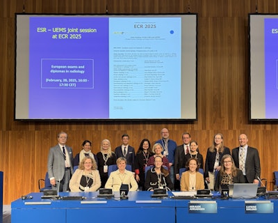 Speakers from the ECR 2025 Joint Session of the ESR and UEMS, European exams and diplomas in radiology, chaired by Prof. Katrine Riklund, Umeå, Sweden, and Dr. Miraude Adriaensen, Heerlen, the Netherlands. Photo courtesy of Dr. Barbora Horehledova.