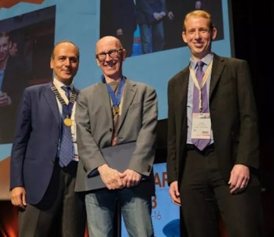 Prof. Steve Halligan (center) receives the European Society of Gastrointestinal and Abdominal Radiology (ESGAR) gold medal from Prof. Andrea Laghi (left) and Prof. Stuart Taylor in 2023. Image courtesy of ESGAR.