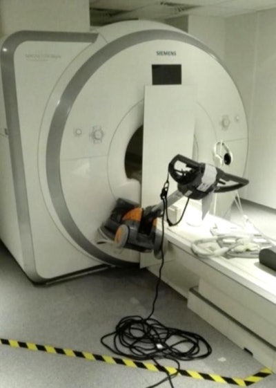 A floor polisher stuck to an MRI from an earlier incident; image from Dr. Tobias Gilk's collection.