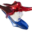 Metallic red and blue fluid figure in dynamic, flowing motion