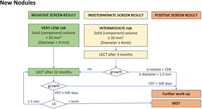 Flowchart for management of new nodules. New nodules that had been missed or not reported on previous scans are managed according to the same rules as nodules found at baseline.