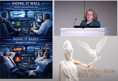 Radiologists can’t be on autopilot in the face of AI annotations, noted Prof. Annemiek Snoeckx. The AI image depicting autopilot complacency was created by Snoeckx with the aid of AI.