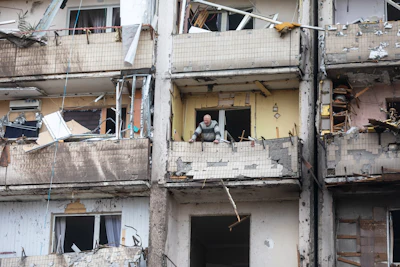 A civilian building damaged after a Russian missile strike on Kyiv, 25 February 2022.