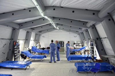 A field hospital run by Christian NGO Samaritan's Purse in an underground car park near Lviv, 14 March 2022.