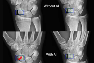 Artificial intelligence (AI) assistance facilitates correct fracture identification in cases initially missed by human readers. A representative case is shown using anteroposterior radiographs in a 29-year-old male patient with wrist trauma (suspected nondisplaced transverse scaphoid fracture). The reader’s initial unaided assessment (top) resulted in a missed fracture, whereas with AI assistance (bottom), the fracture was correctly identified. The green box represents the fracture location as predicted by the AI tool, the blue box represents the reference standard annotation, and the red dots represent individual reader annotations.