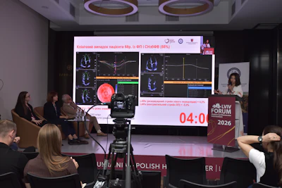 A scientific session at MCI Lviv 2026, where the program ranged from advanced cardiovascular imaging and coronary intervention to structural heart disease and wartime cardiovascular care.