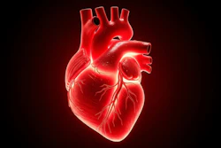 Glowing red anatomical illustration of a human heart with visible coronary arteries and internal chambers on dark background