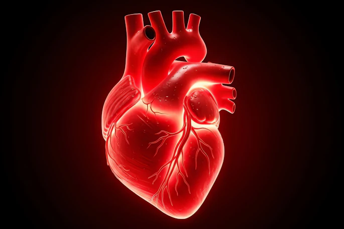 Glowing red anatomical illustration of a human heart with visible coronary arteries and internal chambers on dark background