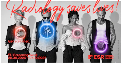 EU Screening Week 2026 campaign poster featuring four people with glowing neon medical imaging effects promoting radiology screening services