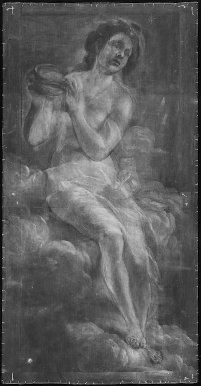Classical painting of a semi-nude female figure seated on clouds, holding a circular object, rendered in monochromatic grayscale tones.