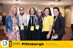 Six women smile together at ASHNR Pittsburgh Homecoming event celebrating 60 years of Head & Neck Radiology, all wearing credential badges