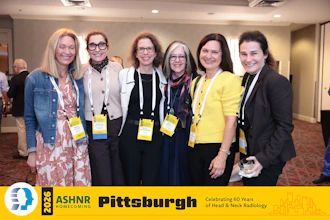 Six women smile together at ASHNR Pittsburgh Homecoming event celebrating 60 years of Head & Neck Radiology, all wearing credential badges