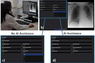 Radiologist comparing chest X-ray analysis with and without AI assistance using medical imaging software