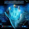 Digital illustration of a glowing CPU microchip held in a human hand against a blue circuit board background
