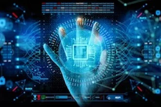 Digital illustration of a glowing CPU microchip held in a human hand against a blue circuit board background