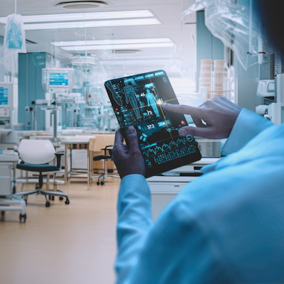 Healthcare professional in blue scrubs examining digital analytics on tablet in modern medical laboratory