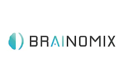 Brainomix logo featuring teal semi-circular icon with gray wordmark