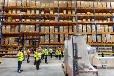 Warehouse workers in safety vests conducting operations among tall shelving units stocked with cardboard boxes and packages.