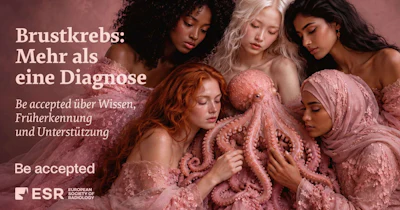 Five diverse women in pink textured clothing with text about breast cancer awareness and ESR organization logo