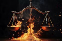 Scales of justice engulfed in flames against dark background symbolizing legal conflict or moral dilemma