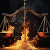 Scales of justice engulfed in flames against dark background symbolizing legal conflict or moral dilemma