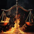 Scales of justice engulfed in flames against dark background symbolizing legal conflict or moral dilemma