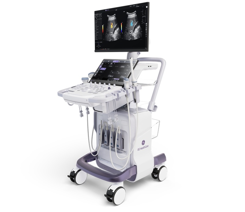 GE Healthcare ultrasound system with display monitor showing cardiac imaging and control panel on mobile cart