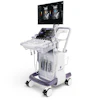 GE Healthcare ultrasound system with display monitor showing cardiac imaging and control panel on mobile cart