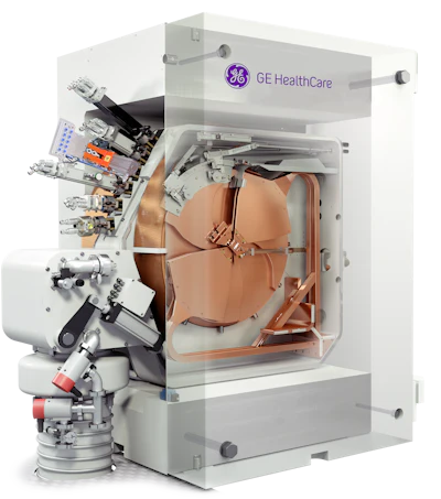 GE HealthCare medical imaging scanner with exposed internal components and copper-colored gantry