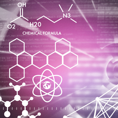 Scientific illustration showing chemical formulas, molecular structures, and atomic models on purple gradient background