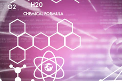 Scientific illustration showing chemical formulas, molecular structures, and atomic models on purple gradient background