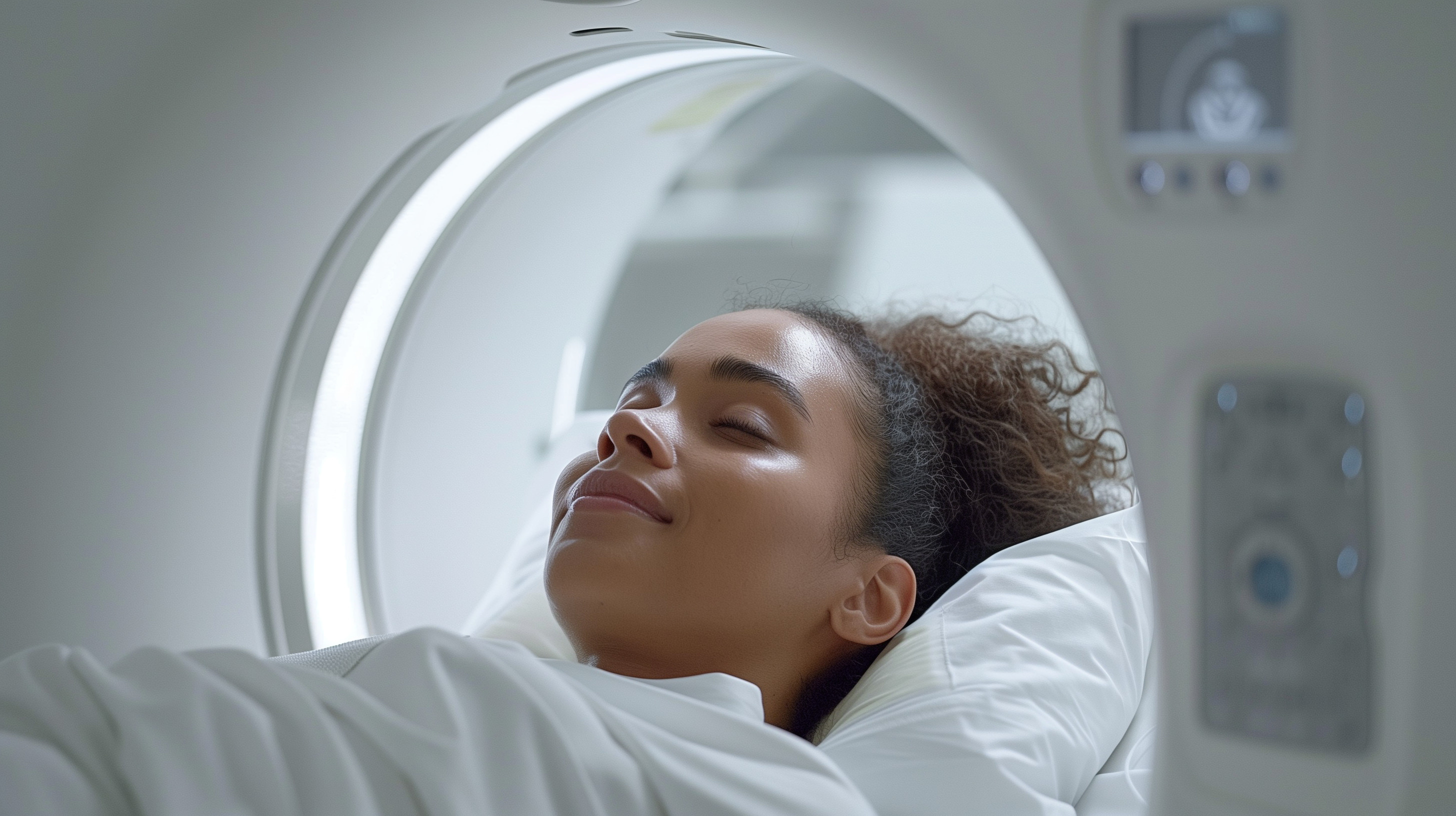 Patient relaxing inside an MRI scanner with illuminated circular ring during medical imaging procedure