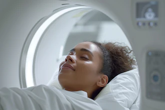 Patient relaxing inside an MRI scanner with illuminated circular ring during medical imaging procedure