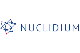Nuclidium logo featuring blue atomic symbol with red accent and company name in sans-serif type