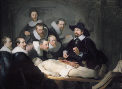 17th-century Dutch medical demonstration with physicians observing an anatomical dissection of a cadaver